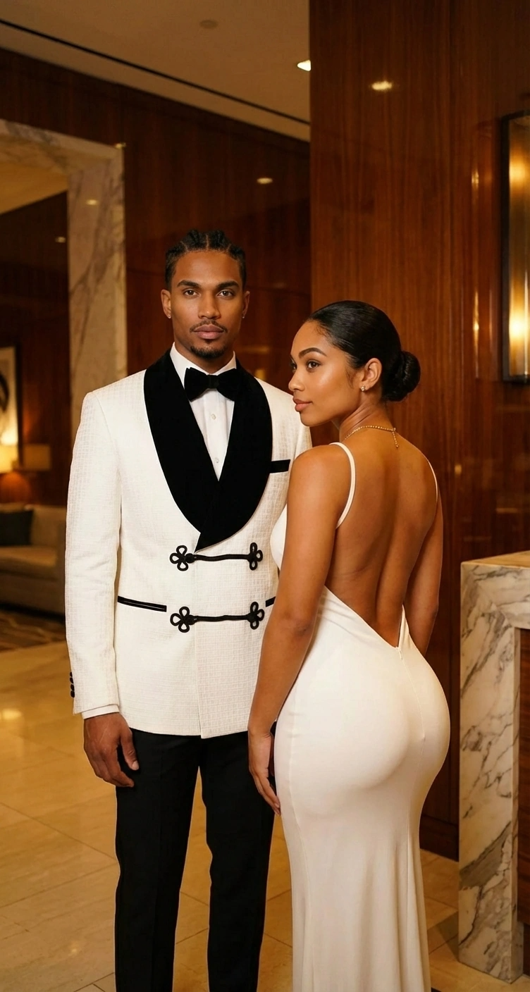 Man in a white tuxedo and woman in a white dress standing in an elegant interior setting.