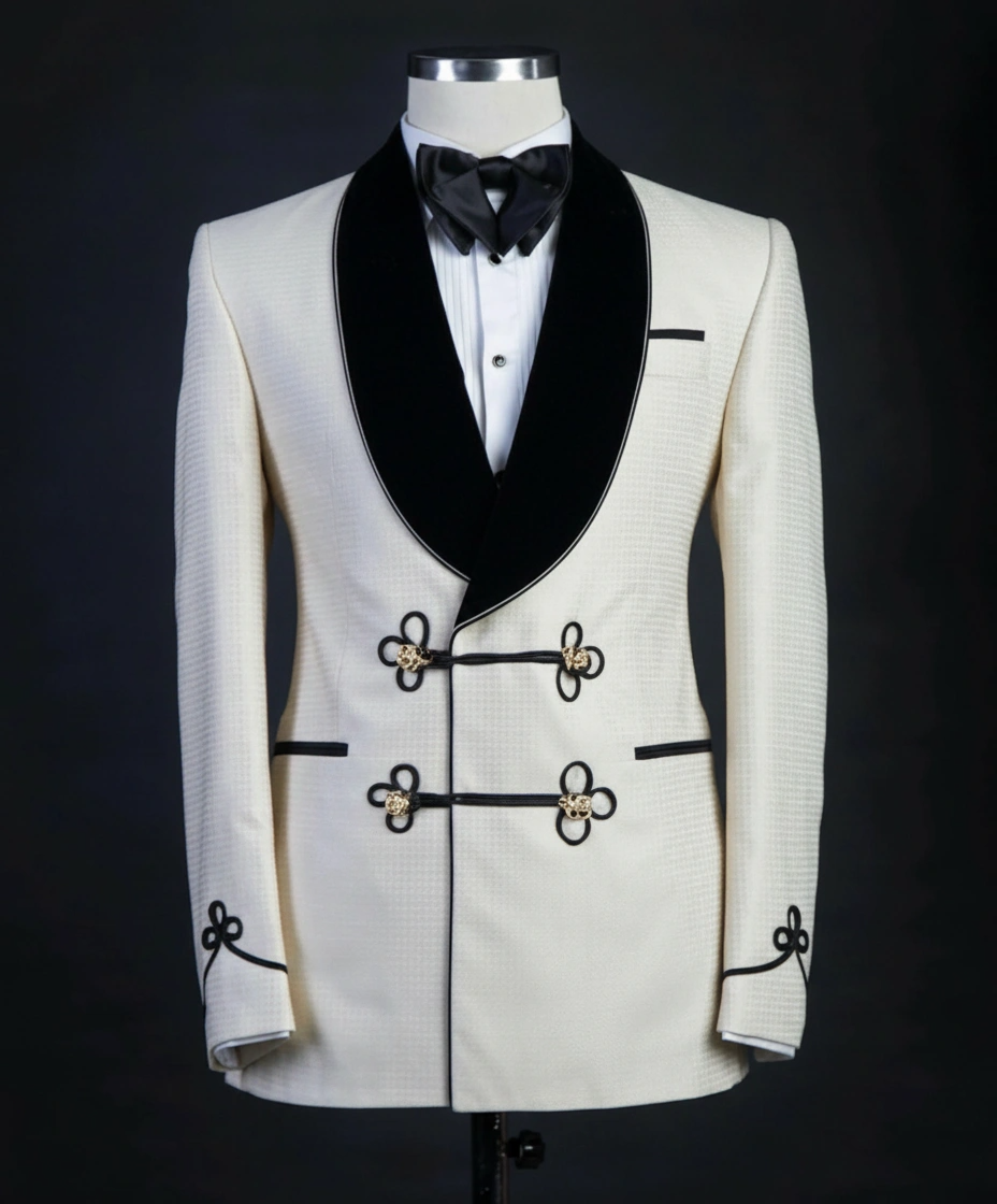custom mens tuxedo_white_black_trim-special occation-ENE-trends-trending-wedding-perfect-pattern-quilted-gold button=black lapel- shall