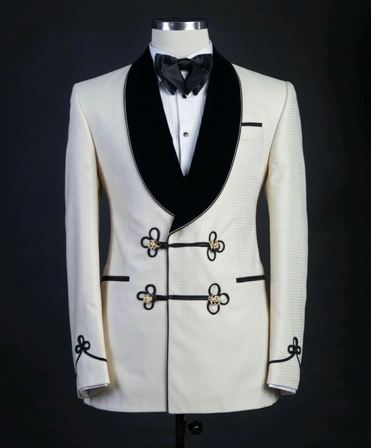 custom mens tuxedo_white_black_trim-special occation-ENE-trends-trending-wedding-perfect-pattern-quilted-gold button=black lapel- shall