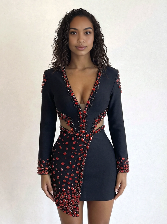 Woman wearing a black dress with red embellishments against a plain background