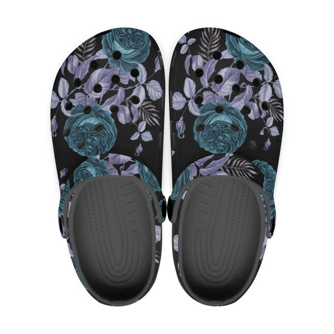 Teal Floral Blue Leaf Black-base Clogs - ENE TRENDS -custom designed-personalized- tailored-suits-near me-shirt-clothes-dress-amazon-top-luxury-fashion-men-women-kids-streetwear-IG-best