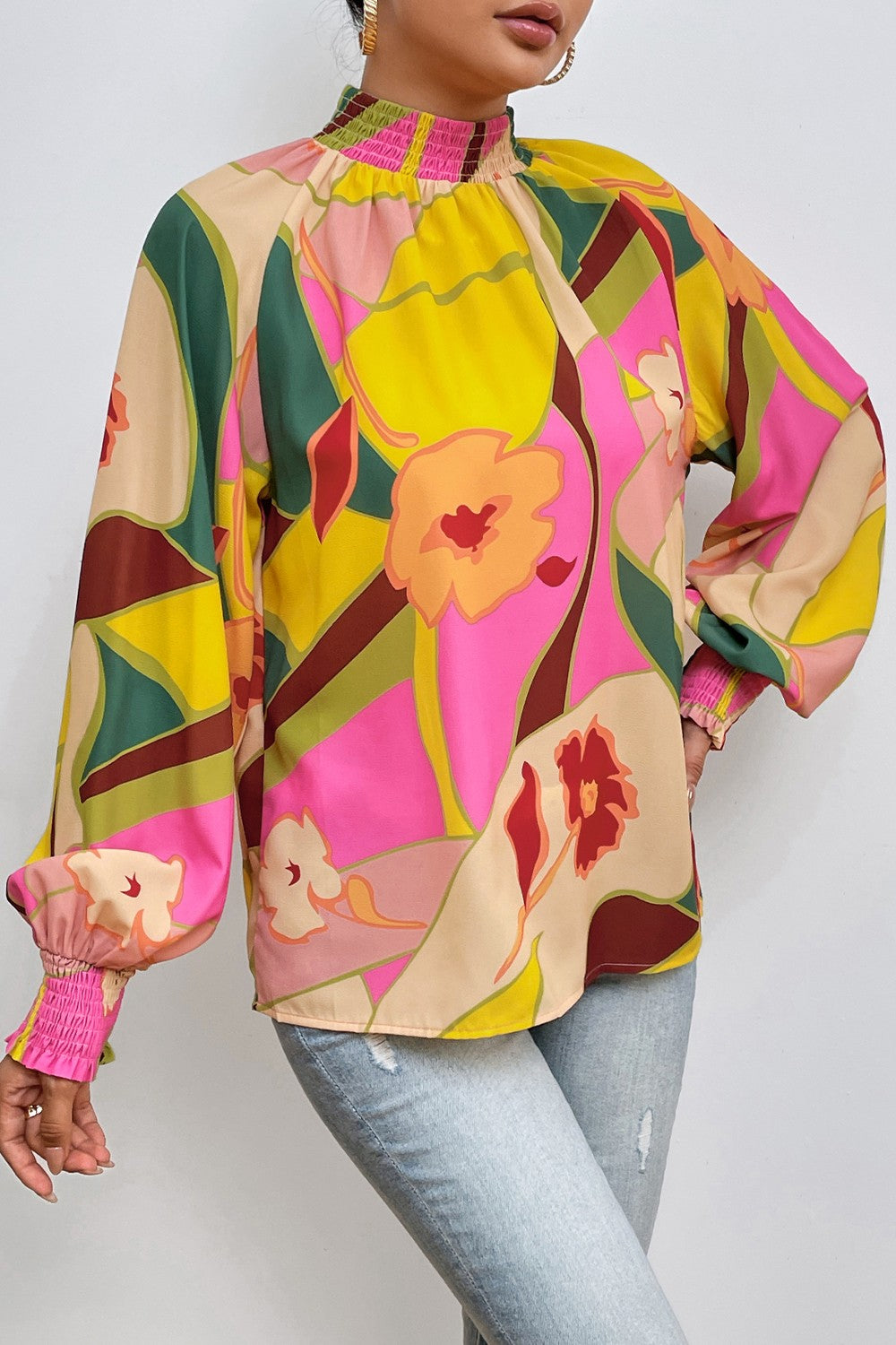 Samya Floral Smocked Lantern Sleeve Mock Neck Blouse