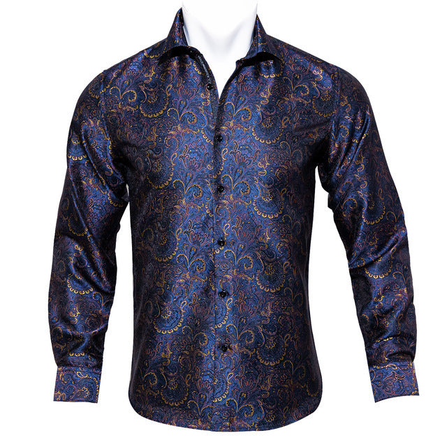 Paisley Floral Long Sleeve Silk Casual Men Shirts Designer Fit Barry Wang