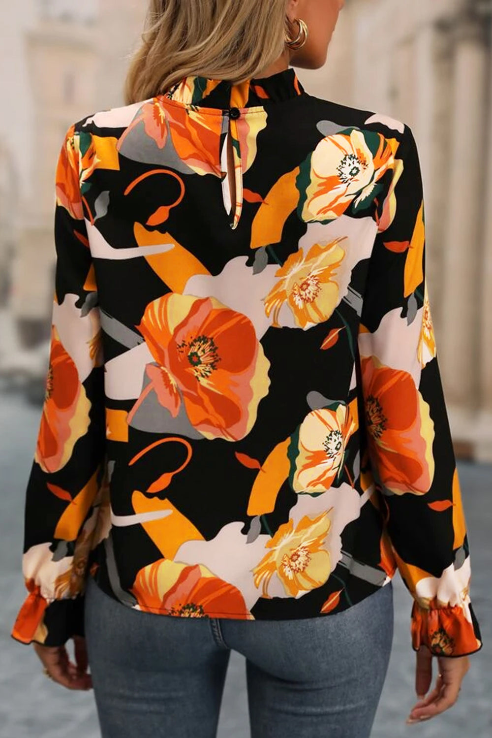 Giana Floral Mock Neck Flounce Sleeve Blouse