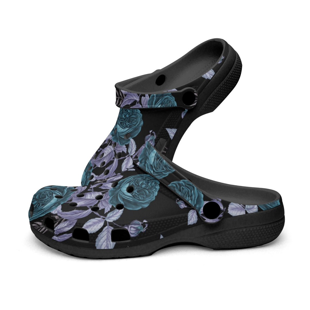 Teal Floral Blue Leaf Black-base Clogs - ENE TRENDS -custom designed-personalized- tailored-suits-near me-shirt-clothes-dress-amazon-top-luxury-fashion-men-women-kids-streetwear-IG-best