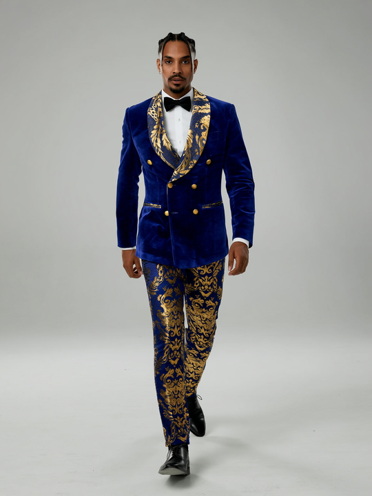 Men's Luxury Velvet Double Breasted Blazer Gold Leaf Design Shawl Lapel Pants 2 Piece Suit