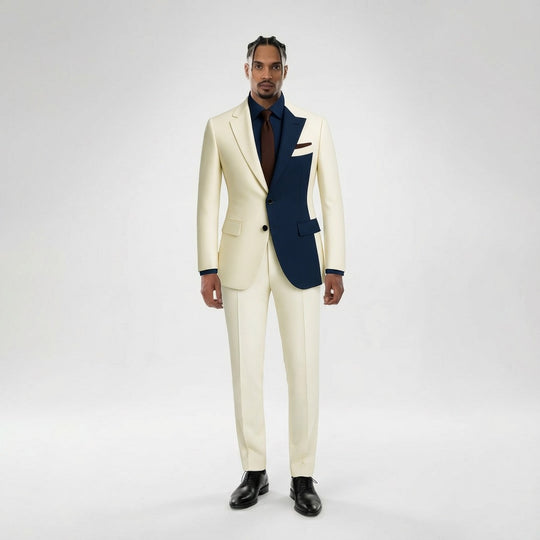 Navy Contrast Panel Modern Suit – Cream & Blue, Contemporary Tailored Fit