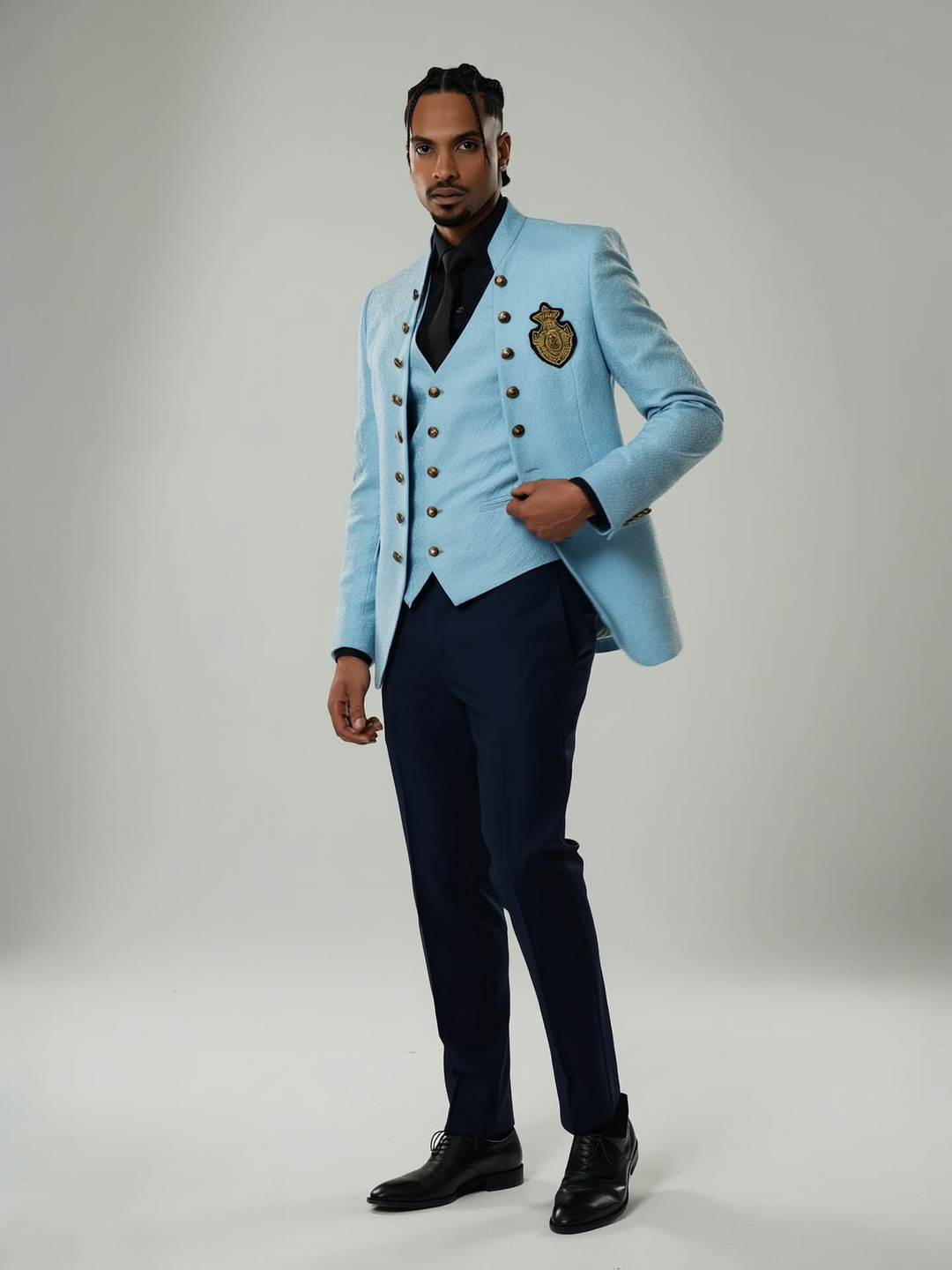 Men's Luxury Brocade Embroidered 3-Piece Suit with Gold Crest - Custom Tailored Multi-Color Options