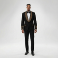 Men's Jacquard Black Shawl Handmade Gold Gemstone Beaded Lapel 2 Piece Tailored Suit