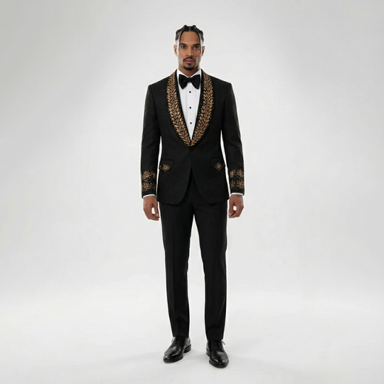 Men's Jacquard Black Shawl Handmade Gold Gemstone Beaded Lapel 2 Piece Tailored Suit