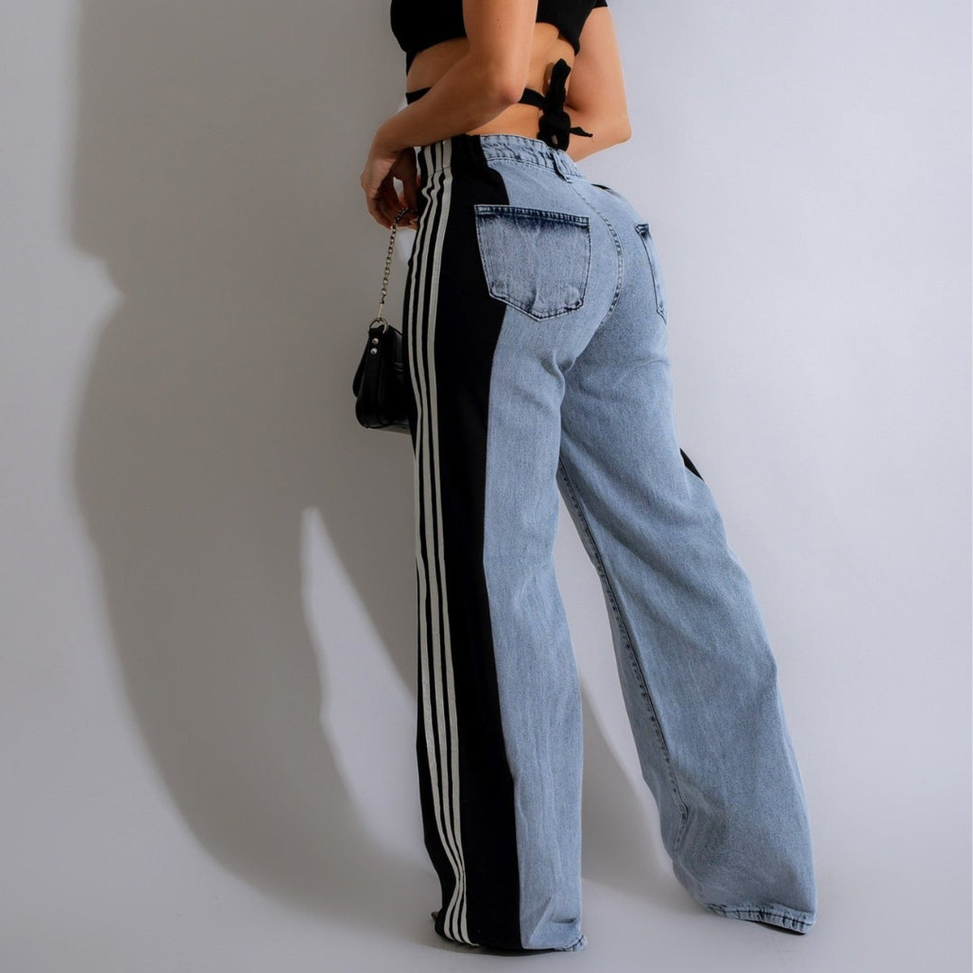 Trendy High Waist Patchwork Denim Striped Wide Leg Pants - Casual Streetwear