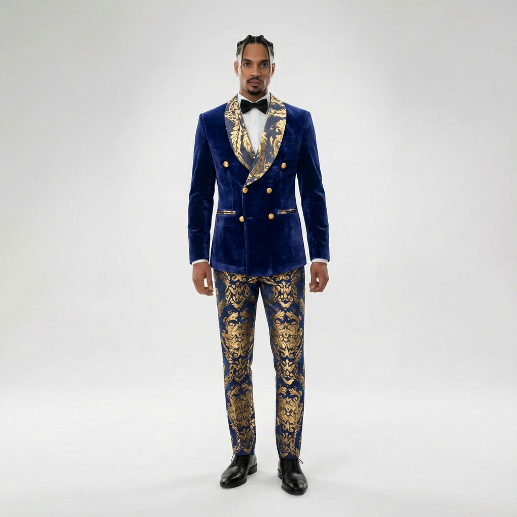 Men's Luxury Velvet Double Breasted Blazer Gold Leaf Design Shawl Lapel Pants 2 Piece Suit