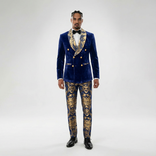 Men's Luxury Velvet Double Breasted Blazer Gold Leaf Design Shawl Lapel Pants 2 Piece Suit