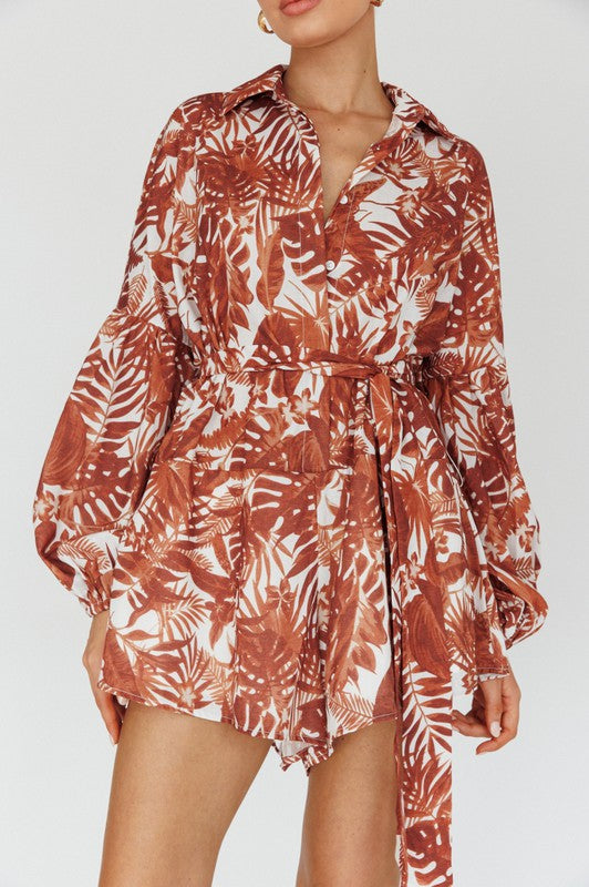 Sabrina Leaves Print Puff Sleeved Romper