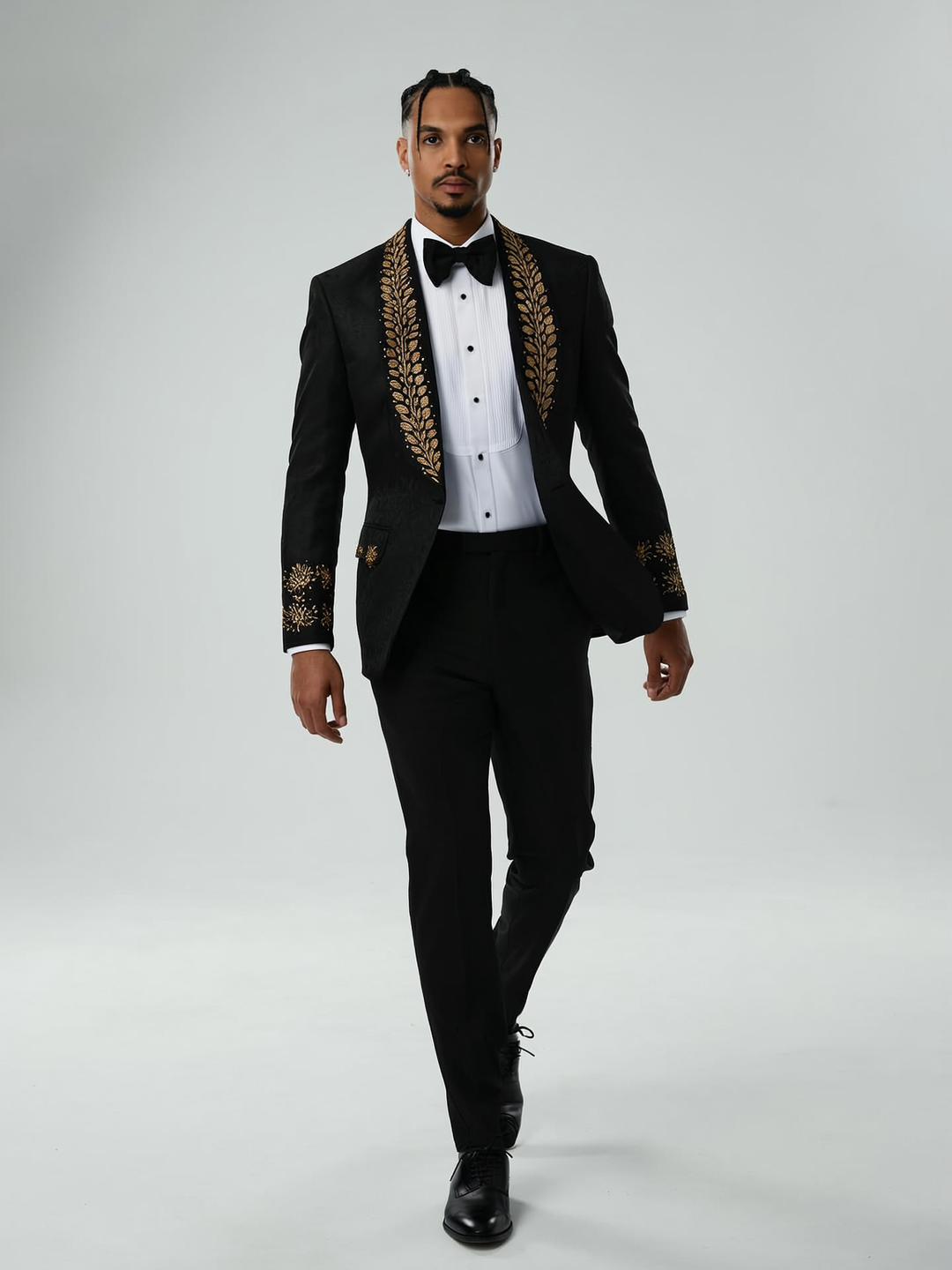 Men's Jacquard Black Shawl Handmade Gold Gemstone Beaded Lapel 2 Piece Tailored Suit