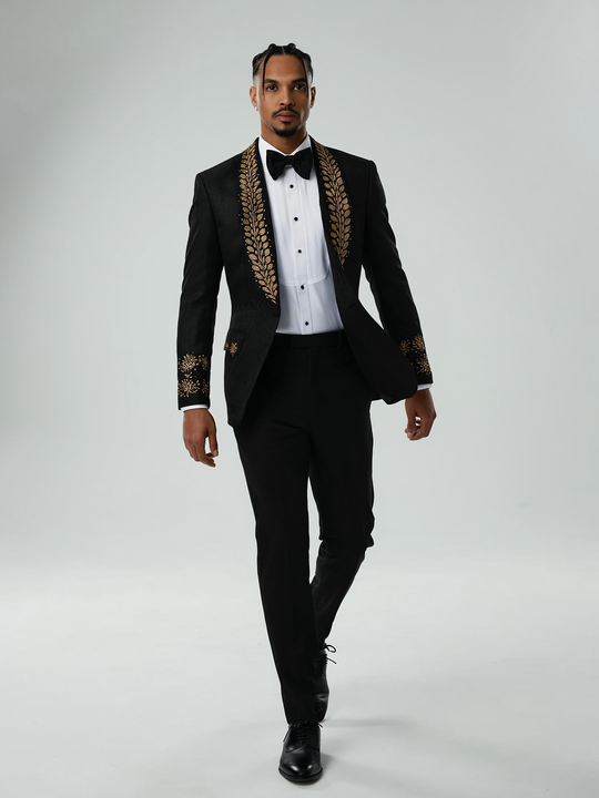 Men's Jacquard Black Shawl Handmade Gold Gemstone Beaded Lapel 2 Piece Tailored Suit