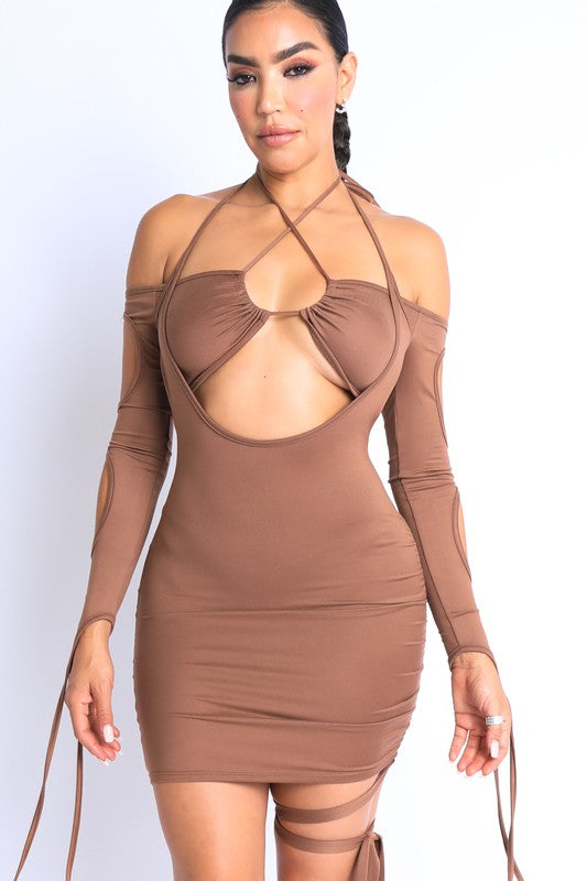 Paulina Cut Out String Detailed Off Shoulder Halter Mini - Burgundy ENE TRENDS Paulina Cut Out String Detailed Off Shoulder Halter Mini - Burgundy ENE TRENDS