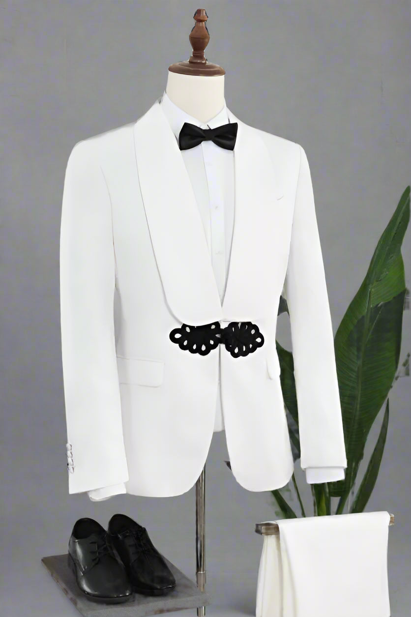 Custom White Shawl Lapel Groom Tuxedo – 3-Piece Wedding Suit with Black Vest