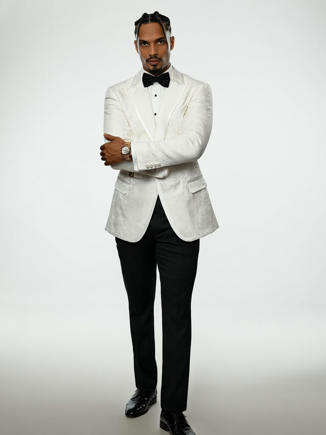 Luxury White Jacquard Tuxedo Blazer w/ Side Buckle
