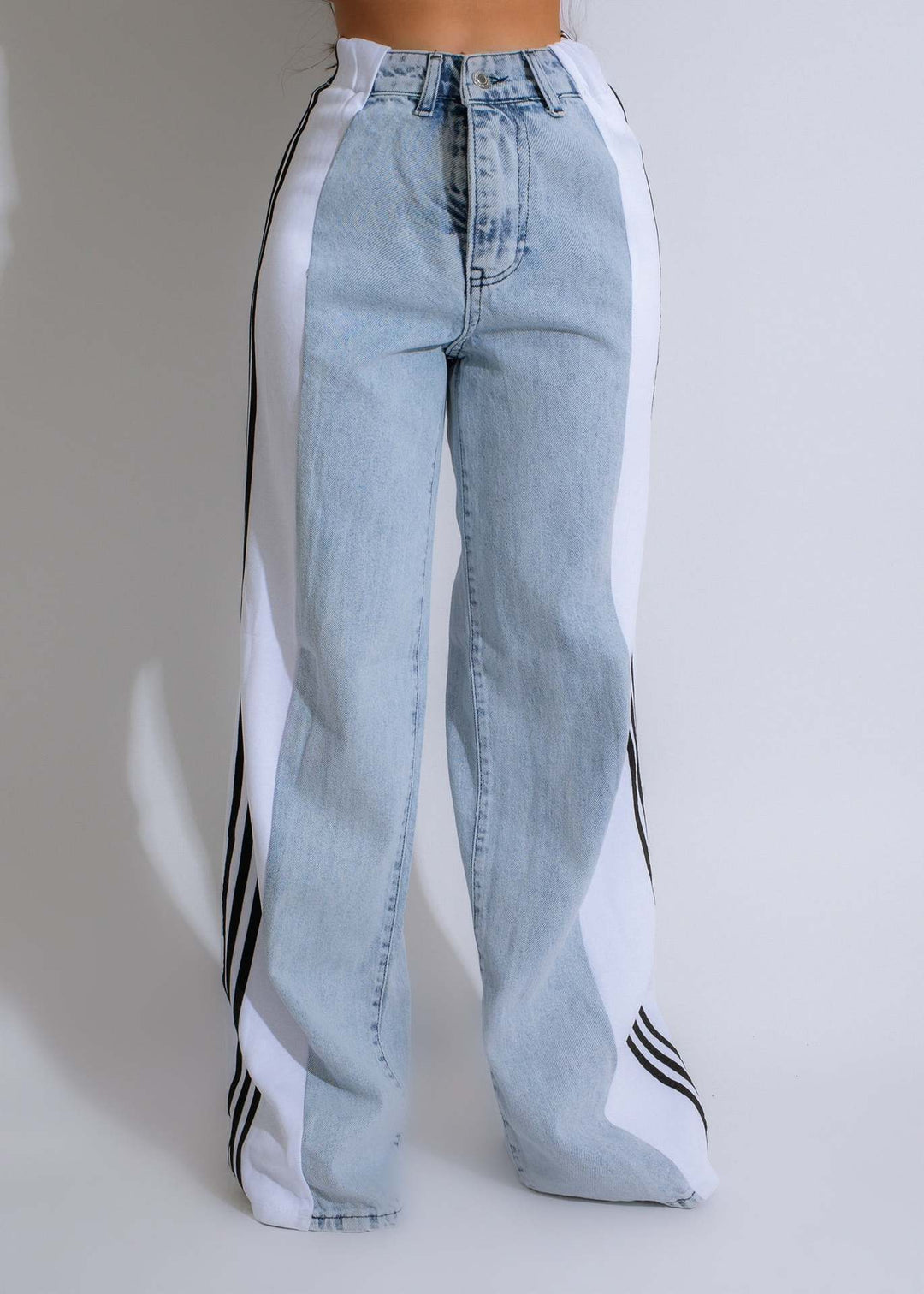 Trendy High Waist Patchwork Denim Striped Wide Leg Pants - Casual Streetwear