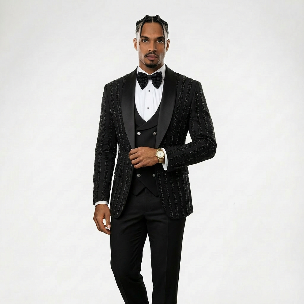 Men's Black Hand Beaded Leaf Embroidery Single Breasted 2-Piece Suit – Custom Made