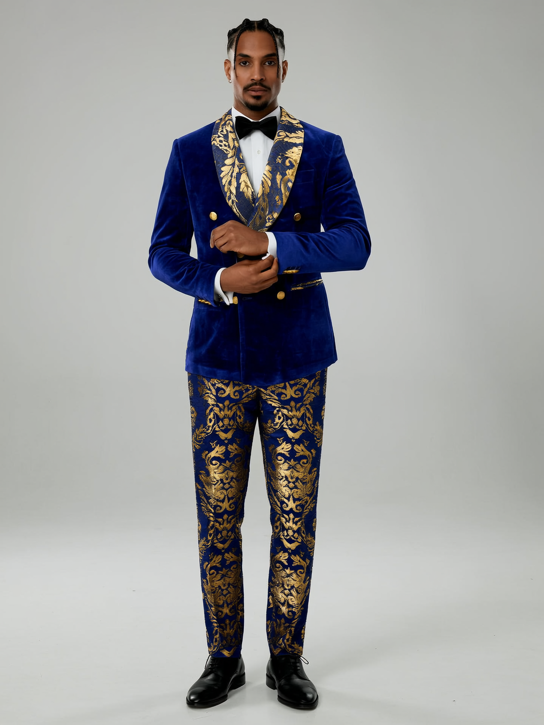 Men's Luxury Velvet Double Breasted Blazer Gold Leaf Design Shawl Lapel Pants 2 Piece Suit