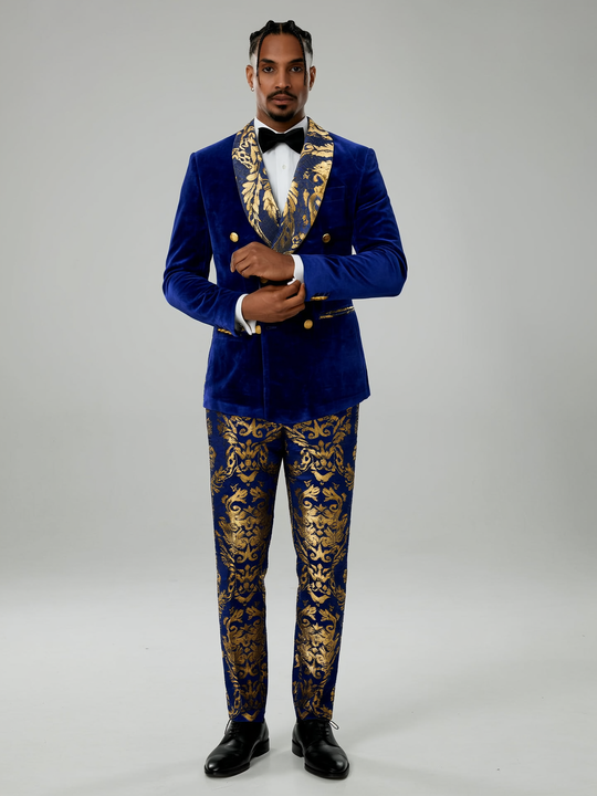 Men's Luxury Velvet Double Breasted Blazer Gold Leaf Design Shawl Lapel Pants 2 Piece Suit