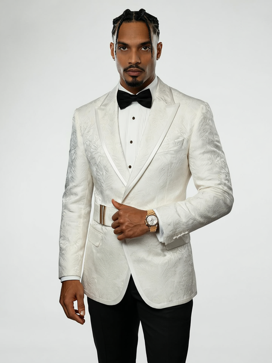 Luxury White Jacquard Tuxedo Blazer w/ Side Buckle