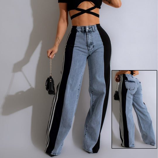 Trendy High Waist Patchwork Denim Striped Wide Leg Pants - Casual Streetwear