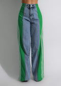 Trendy High Waist Patchwork Denim Striped Wide Leg Pants - Casual Streetwear