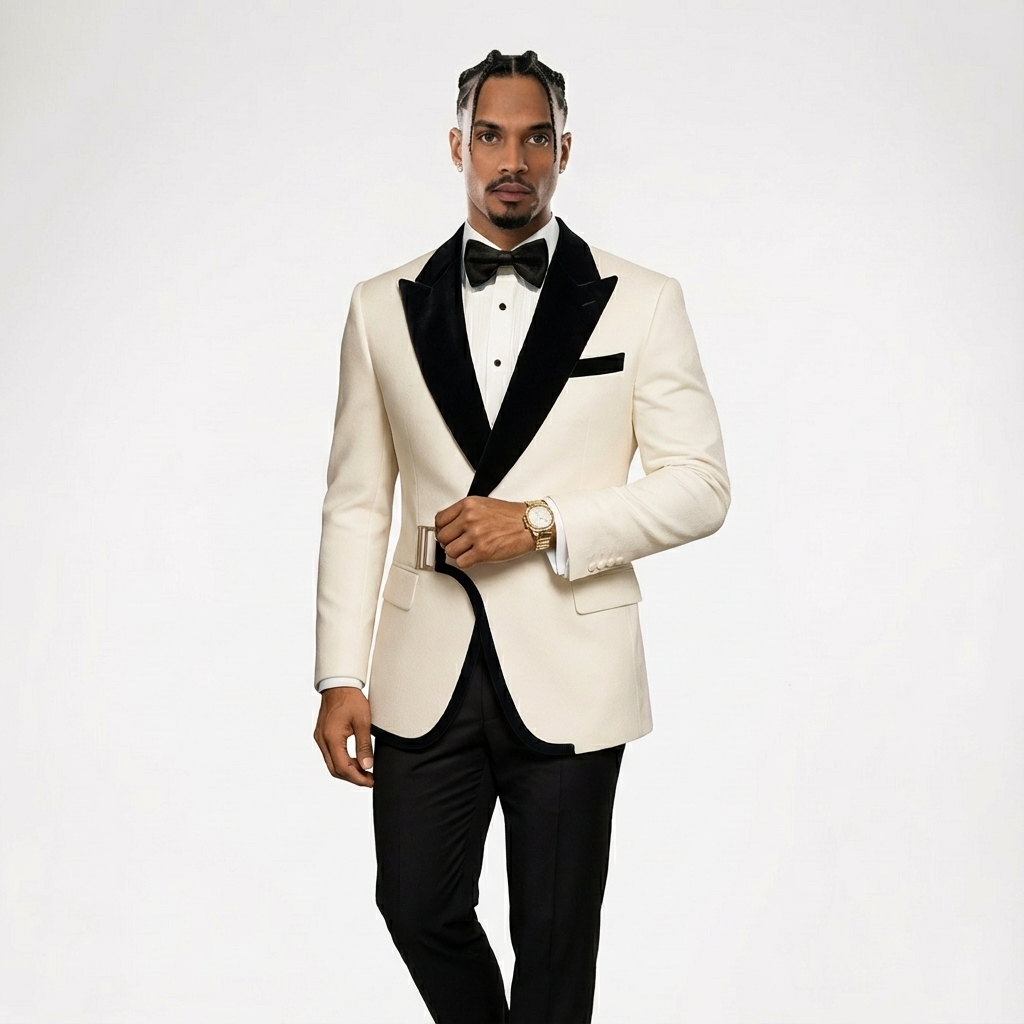 Luxury White & Black Jacquard Tuxedo Blazer w/ Side Buckle