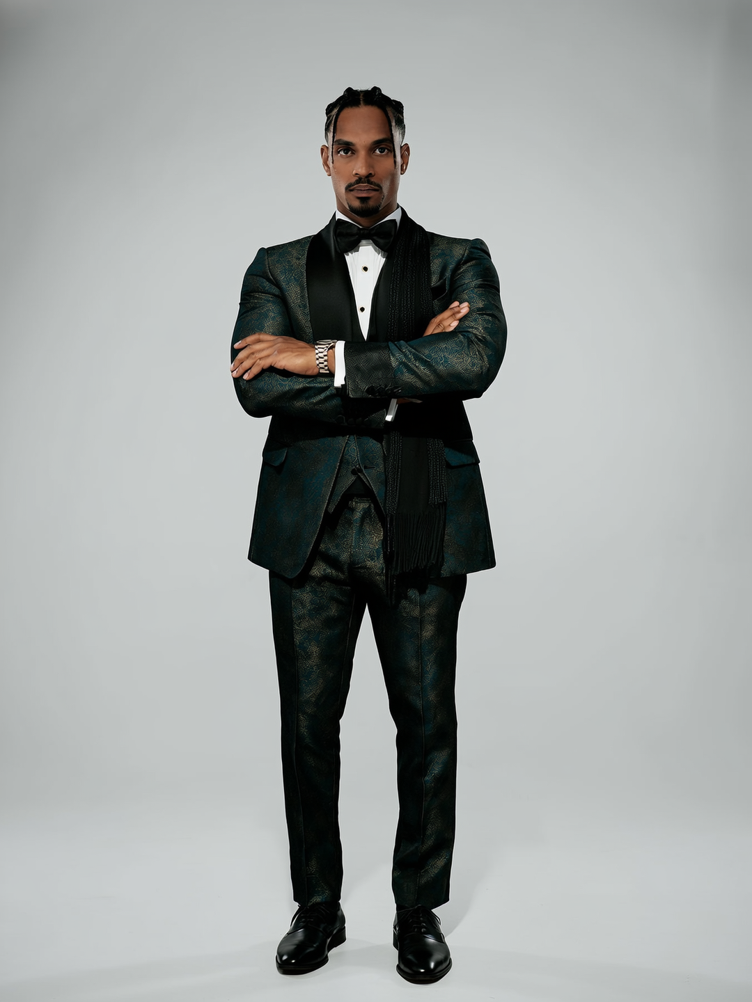 Men's Luxury Beaded Crystal Lapel Navy Blue Jacquard Blazer Formal 2 Piece Suit