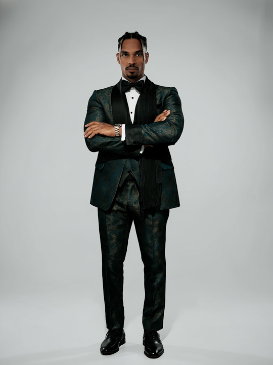 Men's Luxury Beaded Crystal Lapel Navy Blue Jacquard Blazer Formal 2 Piece Suit