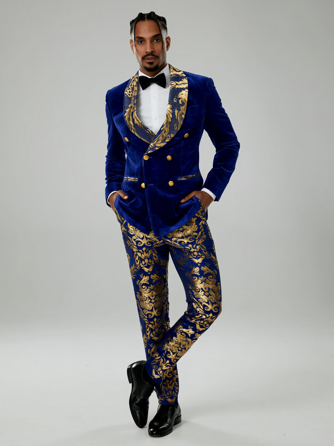 Men's Luxury Velvet Double Breasted Blazer Gold Leaf Design Shawl Lapel Pants 2 Piece Suit