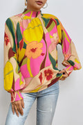 Samya Floral Smocked Lantern Sleeve Mock Neck Blouse