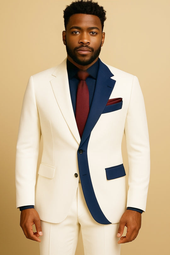 Navy Accent Cream Modern Suit – Sharp Contrast Lapel Edition