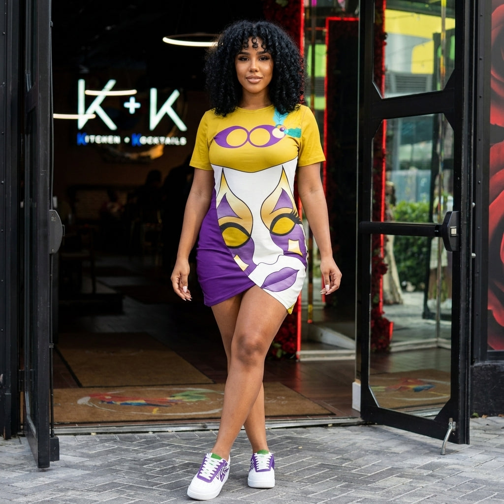Mardi Gras Women's Short Sleeve Dress with Stacked Hem（Plus Size）