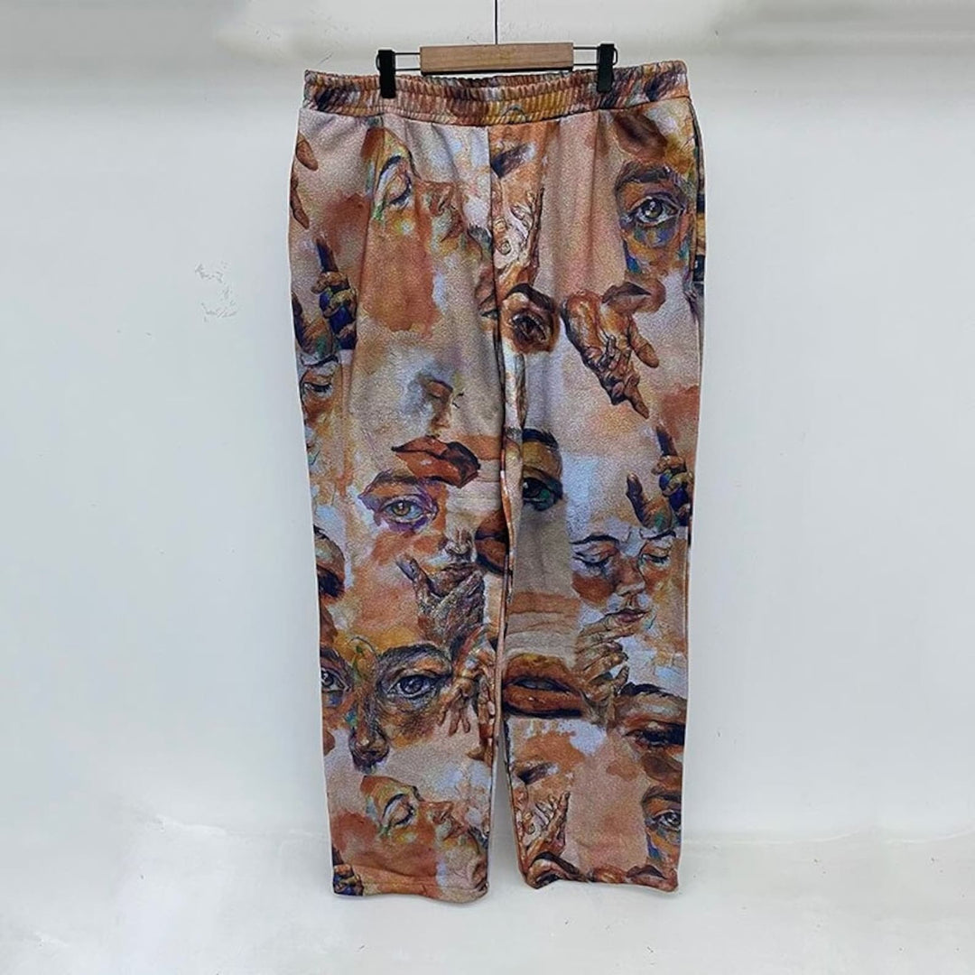 Men's Patterned Loose Casual Trousers with a Mid Waist