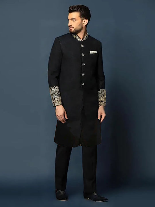 Luxury Black Long Sleeved Sherwani - Custom Made to Order