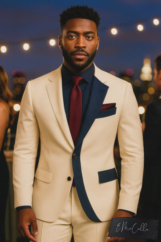 Navy Accent Cream Modern Suit – Sharp Contrast Lapel Edition