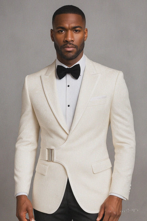 Luxury White Jacquard Tuxedo Blazer w/ Side Buckle
