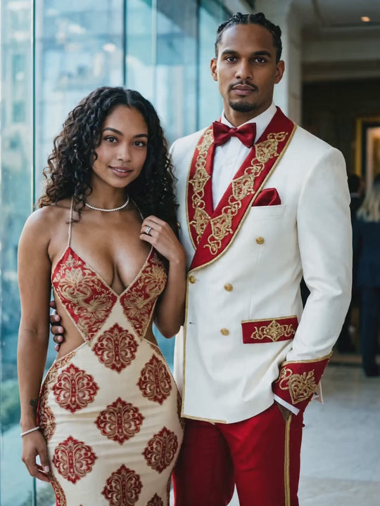 Men's Crimson & Cream Gold Embroidery Luxury 2 Piece Suit