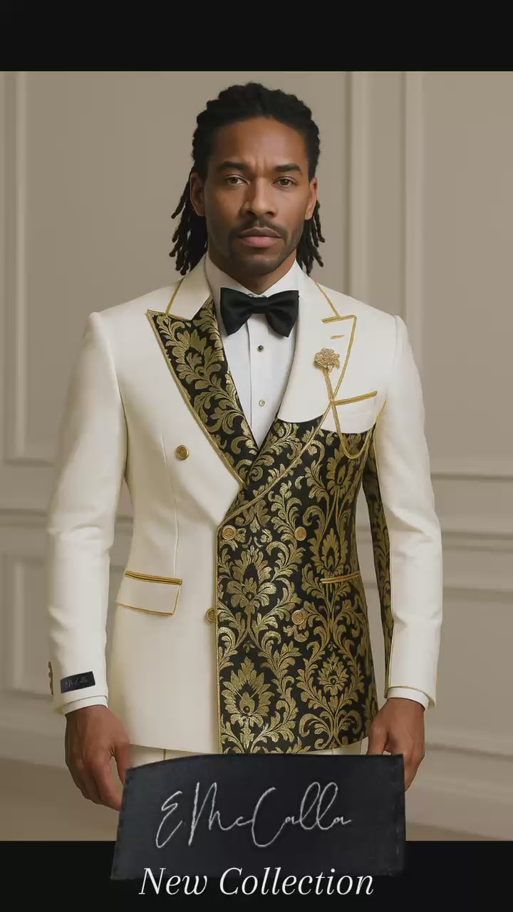 Modern Classic Ivory Gold Split Lapel Jacquard Double-Breasted Tuxedo