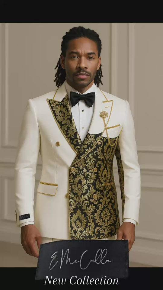 Modern Classic Ivory Gold Split Lapel Jacquard Double-Breasted Tuxedo