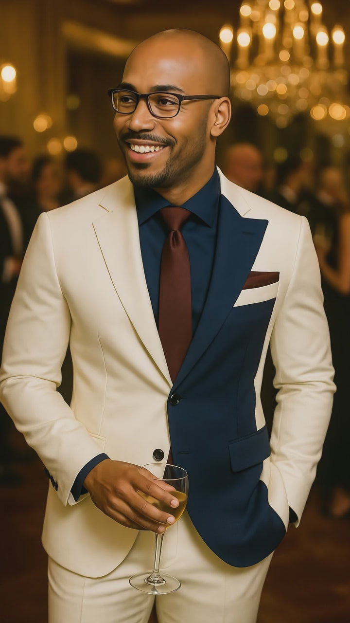 Navy Contrast Panel Modern Suit – Cream & Blue, Contemporary Tailored Fit