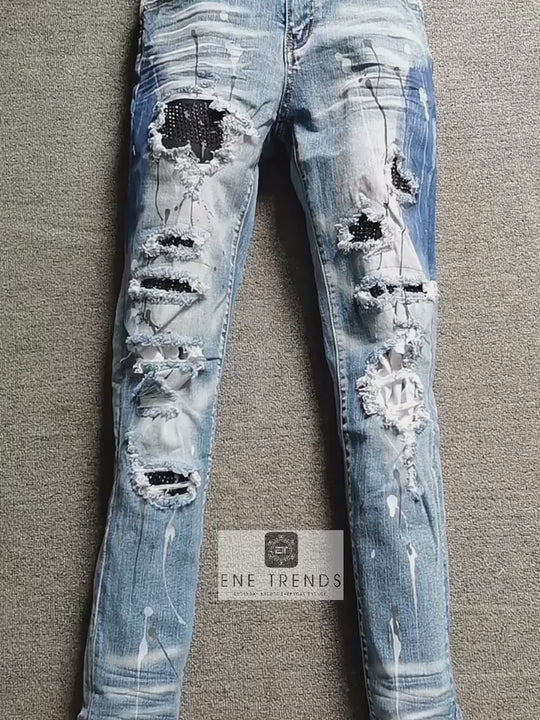 Grams Men's Painted whiskered patched jeans