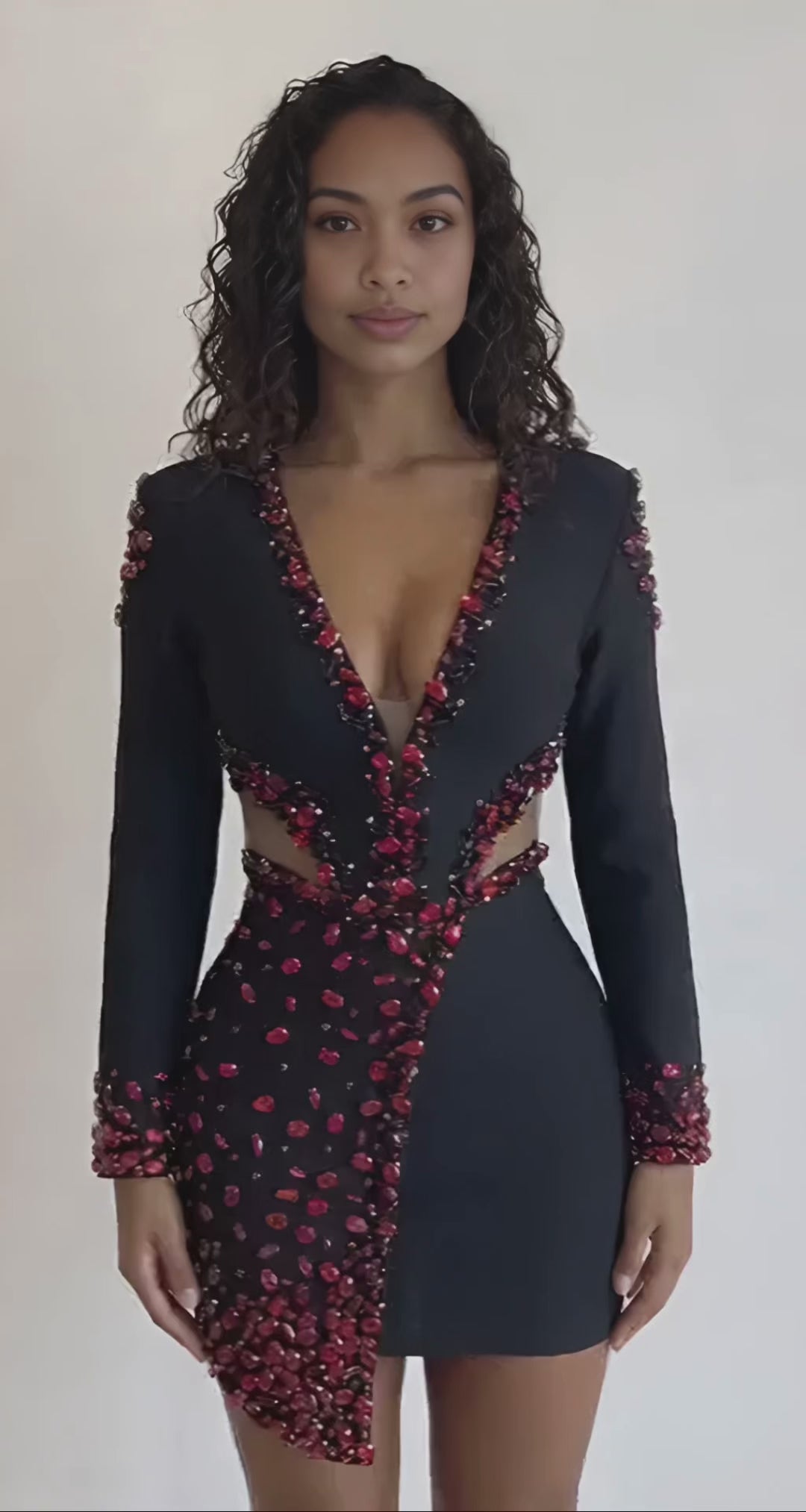 Woman wearing a black dress with red embellishments against a plain background