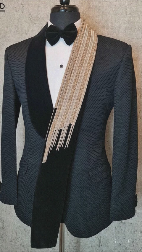 Men's Black Hand Beaded Leaf Embroidery Single Breasted 2-Piece Suit – Custom Made