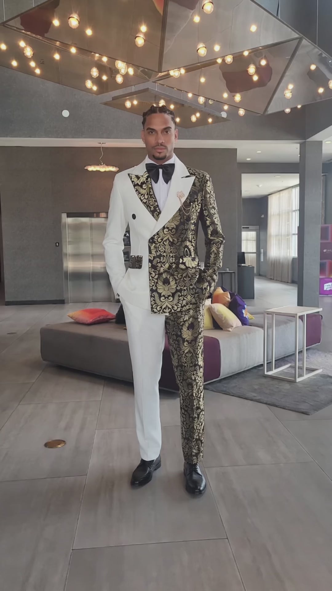 Stephen Double Breasted Gold Floral Jacquard Slim Fit Mens Suits