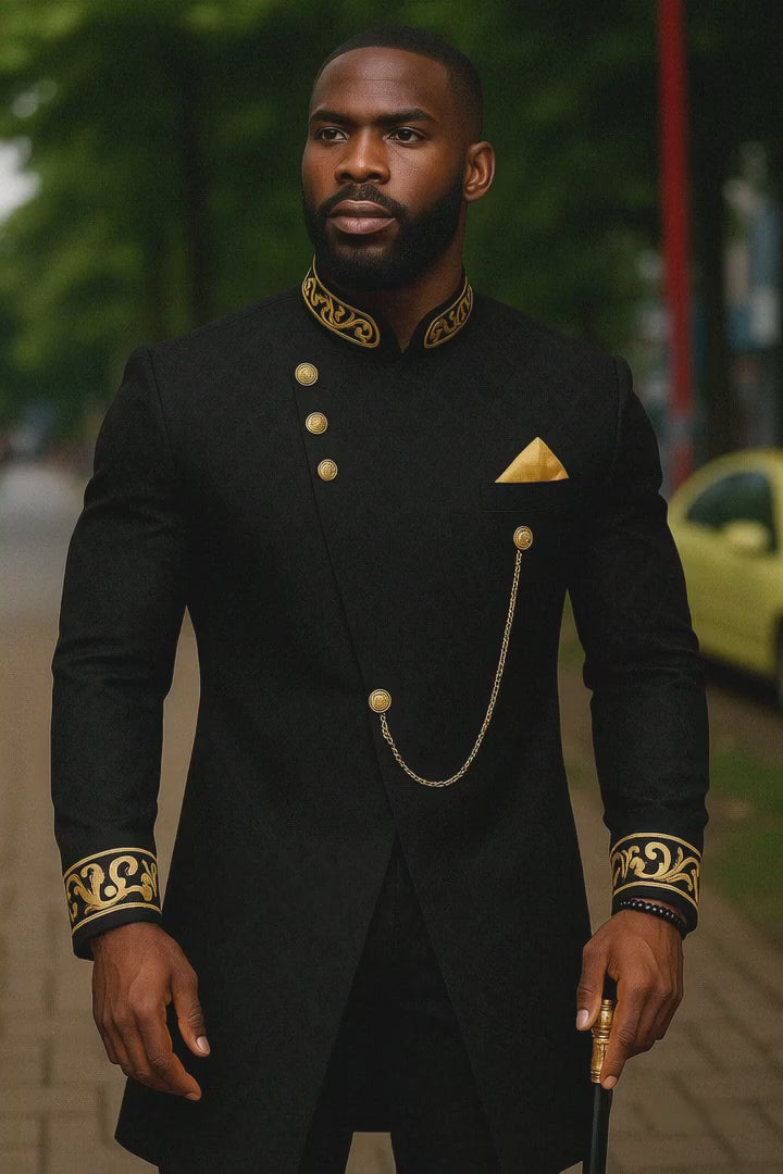 Luxury Mens Slim Fit Formal Dashiki Inspired Suit Two Piece Tuxedo w/ Gold Chain & Buttons, and Kerchief - Black